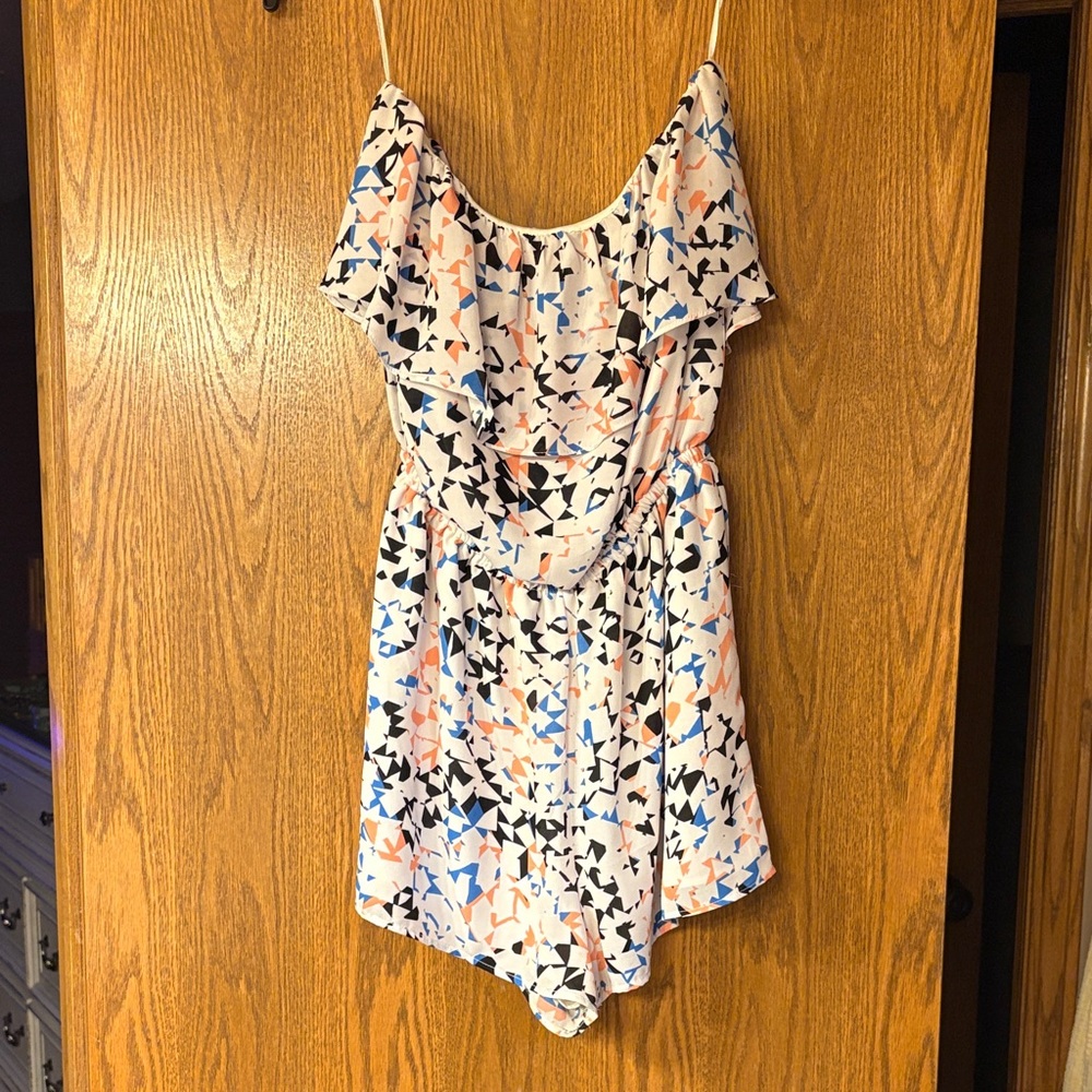 Olive & Oak Abstract Print Romper in Black, Blue, and Peach